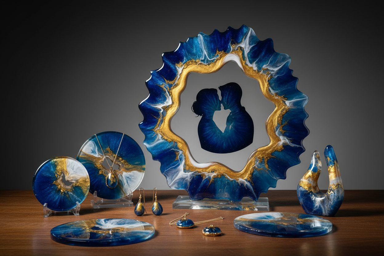 Create an image with epoxy resin as its theme, an image with elements made from this resin, a professional and glamorous image; you could include a frame with a couple kissing.