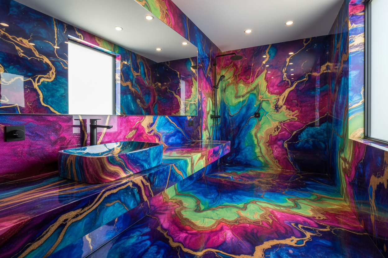 faz uma imagem de uma casa de  banho feita em epoxi desde o lava mãos etc, com muita cor